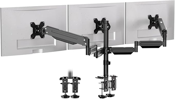 Pholiten Triple Monitor Mount for17-32 inches Screen, 2 Gas Spring Arms | Fully Adjustable Heavy Duty Monitor Arm, Clamp & Grommet Mounting, Holds 22 lbs Each by PholitenMonitorArm