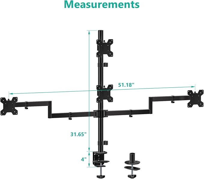WALI Stacked 4 Monitor Mount for 13-27 inch Screens, up to 22 lbs per Arm | Quad Monitor Stand for Desk, Full Motion with Tilt, Swivel, Rotation, C-Clamp & Grommet Base, VESA 75/100mm (M004S), Black - Image 8