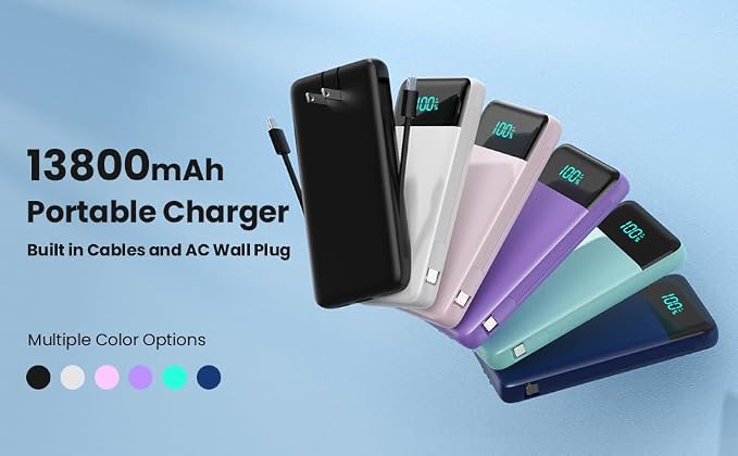 Portable Charger Power Bank for iPhone with Built-in Cables and AC Wall Plug, 13800mAh Ultra Slim Travel Essentials,USB C Fast Charging External Battery Pack for iPhone 17/16/15/13,Galaxy,Android etc - Image 8