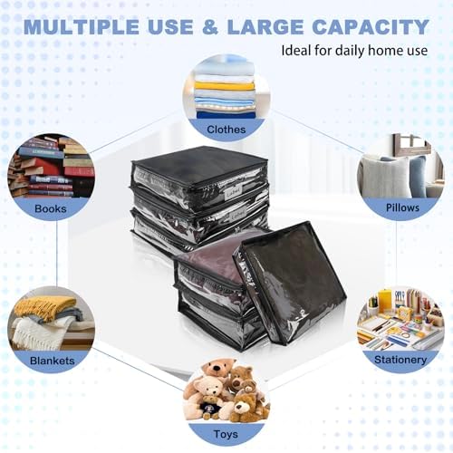 Clear Zippered Plastic Clothes Storage Bags, 6 Pack, Black | Clear Storage Bags with Zipper Plastic Storage Bags for Clothes Sweaters Blankets Sheets, Size: 10.5 x 10.5 x 2.5 Inch - Image 4