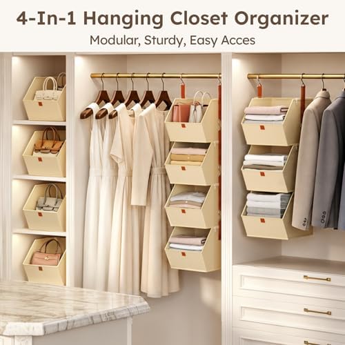Homsorout Collapsible Hanging Closet Organizer - 3 Tier Closet Shelves Storage System with Hooks, Fabric Hanging Storage Bins for Clothes, Foldable Storage Basket for Laundry, Bedroom, Rv, Beige - Image 4