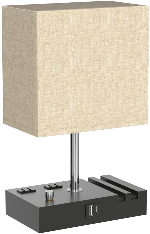 Beige Table Lamp for Bedroom - Stepless Dimmable, USB C+A, 2 AC Outlets | Dimming By Rotary Knob, USB C+A Ports, 2 Phone Stands, LED Bulbs Included, Rectangle Beige Lampshade, for Living Room, Desk - Image 4