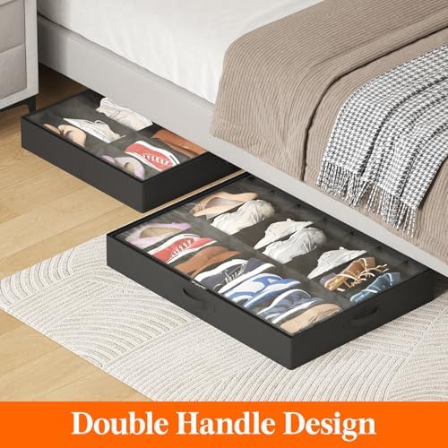Lifewit Under Bed Shoe Storage Organizer 4 Pack(14 Shoes Cells), 4.3 Inches Tall Low Profile Fabric Shoes Container Box with Clear Cover, Foldable Storage Bag with 2 Handles, Fits 28 to 56 Pairs - Image 5
