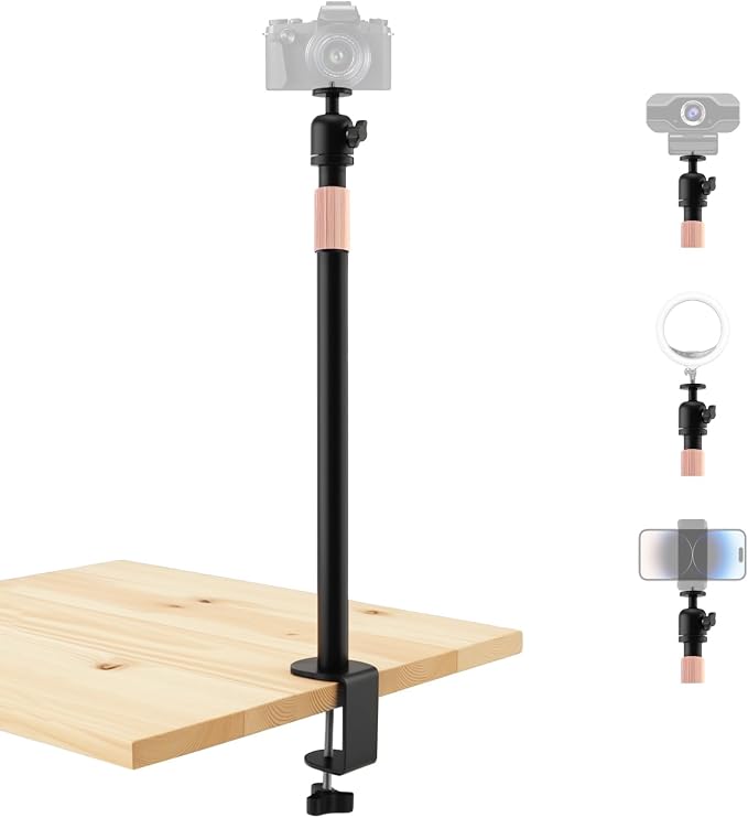 Extendable Camera Desk Mount Stand , 1/4" Ball Head Steel Bracket C-Clamp No Drill Desktop Stand for DSLR Camera, Camcorder for product hotography, Video conferencing, Live streaming,Vlogging by Unknown