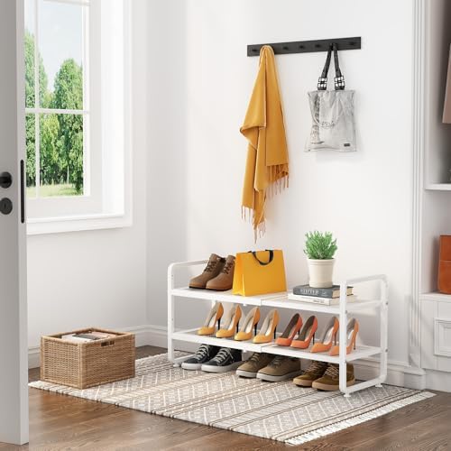 Expandable Metal Shoe Rack for Closet, Entryway & Garage, 2-Tier, White | Adjustable Height for Boots, Stackable Design, Dense Mesh Shelves for Heels, Fits Small Spaces, Apartments and Rentals - Image 2