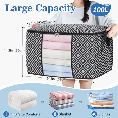 100L 6 Pack Storage Bags, Foldable Clothes Bins with Clear Window, Black | Blanket Storage Containers with Reinforced Handles for Bedding, Comforters, Clothing, Quilts and Closet Organization - Image 2
