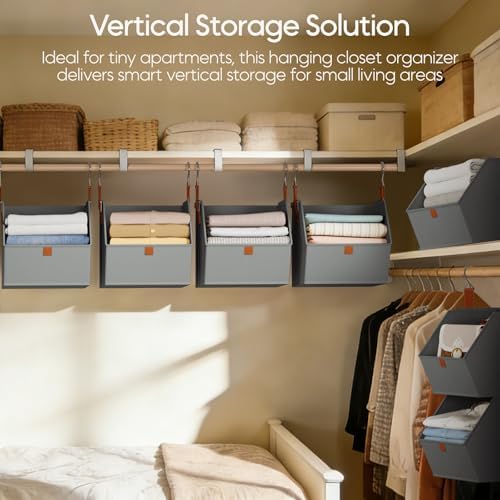 Homsorout Collapsible Hanging Closet Organizer - 6 Tier Closet Shelves Storage System with Hooks, Fabric Hanging Storage Bins for Clothes, Foldable Storage Basket for Laundry, Bedroom, Rv, Grey - Image 2