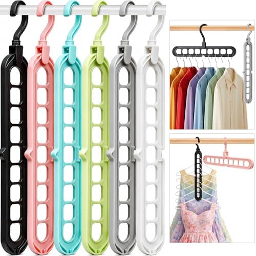 Closet Organizers and Storage,College Dorm Room Essentials Magic Hangers | 6 Pack Multifunctional Multi-Color Organizer Smart Space Saving Hangers with 9 Holes Storage Organization for Wardrobe Closet by HEYHOUSE