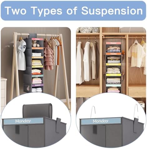 Fixwal Weekly Kids Clothes Organizer 2 Pack 6-Shelf Hanging Storage | Nonwoven Fabric, 6 Daily Shelves, 6 Mesh Side Pockets, 2 Metal Hooks, Foldable Design, for Kids Outfits and Accessories - Image 4