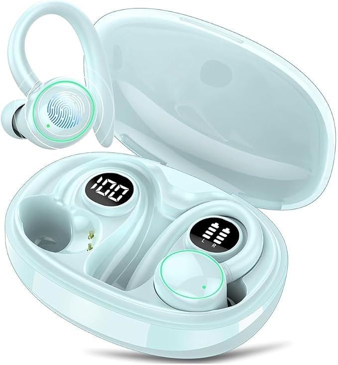 Wireless Earbuds, Bluetooth 5.4 Headphones Sport Over Ear Buds With ENC Mic | ENC Noise Cancelling Mic,48H, Wireless Earphone With Earhooks, Stereo Deep Bass,IP7 Waterproof for Workout Running,Light Blue by PEFUPEW