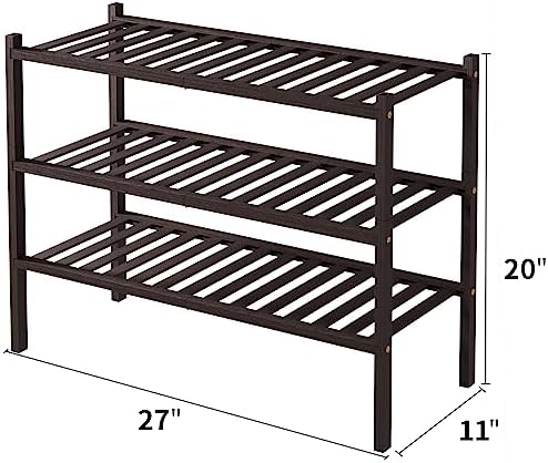 ROMGUAR CRAFT 3 Tier Bamboo Shoe Rack for Closet Free Standing Wood Shoe Shelf for Entryway Small Space Stackable 27"x11"x20" (Brown) - Image 3