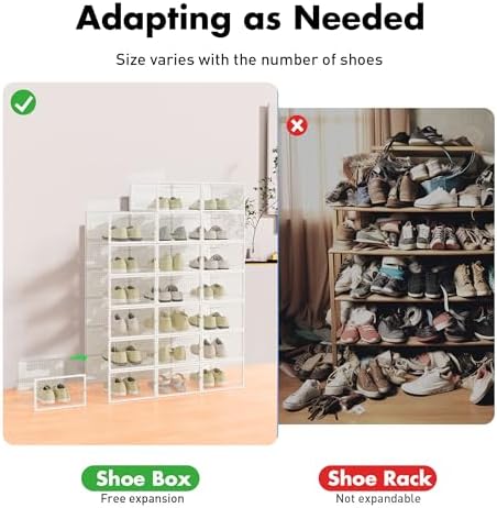 Foluck Shoe Storage Box, 15 Pack Clear Plastic Stackable Organizer for Closet, Interlocking Design Shoes Container Bins for Sneakers, Foldable Shoe Rack with Lids, White - Image 4