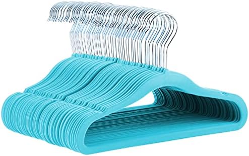Amazon Basics Kids Space Saving Velvet Non-Slip Clothes Hangers with Shoulder Notches for Infant and Toddler, 11.6", Blue, 50-Pack by AmazonBasics