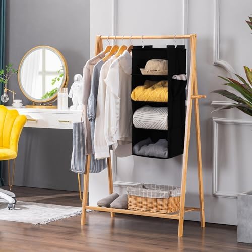 YOUDENOVA Hanging Closet Organizer and Storage for Clothes, 4-Shelf, Black | Locker/RV/Camper Organizer, Side Pocket, Hanging Shelves for Small Closet, Dorm Room Essentials for Guys, Breathable Fabric - Image 2