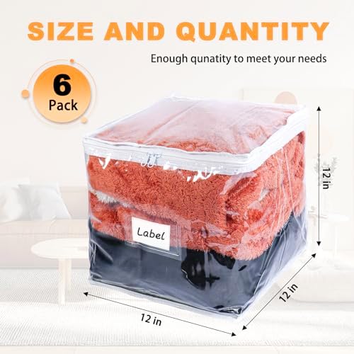 Clear Zippered Plastic Clothes Storage Bags, 6 Pack, White | Clear Storage Bags with Zipper Plastic Storage Bags for Clothes Sweaters Blankets Sheets, Size: 12 x 12 x 12 Inch - Image 2