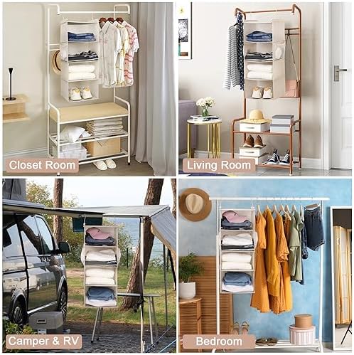 MAX Houser 4 Tier Shelf Hanging Closet Organizer, Closet Hanging Shelf with 2 Sturdy Hooks for Storage,2 Pack, Foldable (Beige) - Image 4