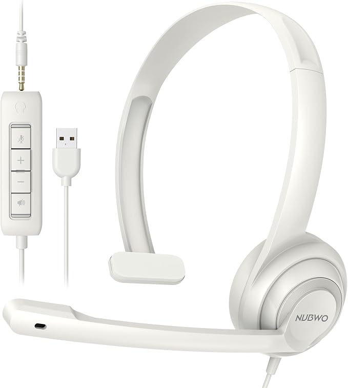 NUBWO HW02 USB Headset with Microphone Noise Cancelling & in-line Control | Ultra Comfort Computer Headset for Laptop pc, On-Ear Wired Office Call Center Headphone for Boom Skype Webinars (White) by NUBWO