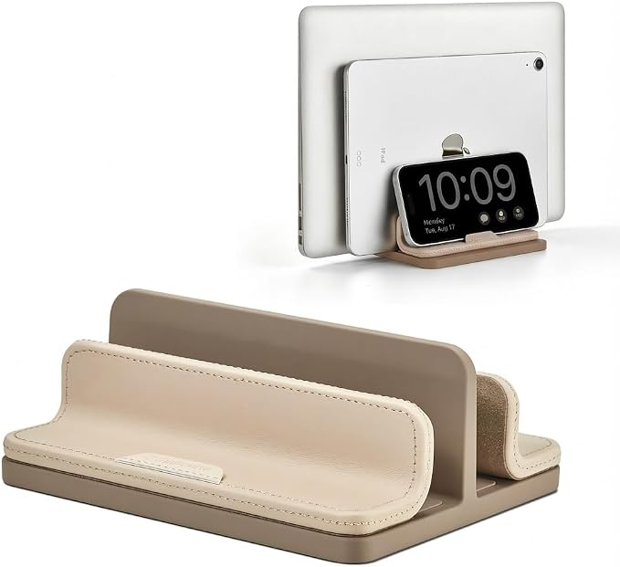 Dual Vertical Laptop Stand, 3 in 1 Upright Desktop Stand Holder with Adjustable Dock (Up to 17.3''), Leather Laptop Rack Storage Desk Organizer for Phone, Tablet, MacBook/HP/Dell/Chrome Book (Apricot) by GinKouHa