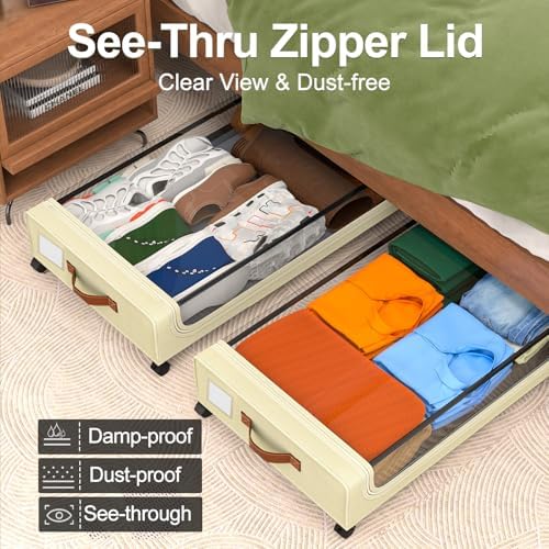 GoMaihe Under Bed Storage with Wheels 48L Beige 2-Pack | Underbed Storage Containers with Lids Rolling Bins for Shoes Clothes in Dorm Bedroom - Metal Drawers Easy Pull-out - Image 4
