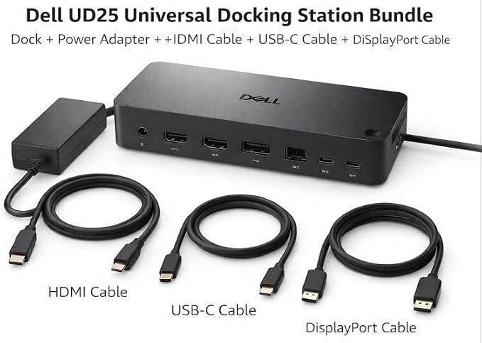 Dell Pro Dock WD25 Universal Docking Station Bundle — USB-C/USB-A Dual Display Dock with 100W Adapter + HDMI Cable + USB-C Cable + DisplayPort Cable + Cleaning Cloth - Image 2