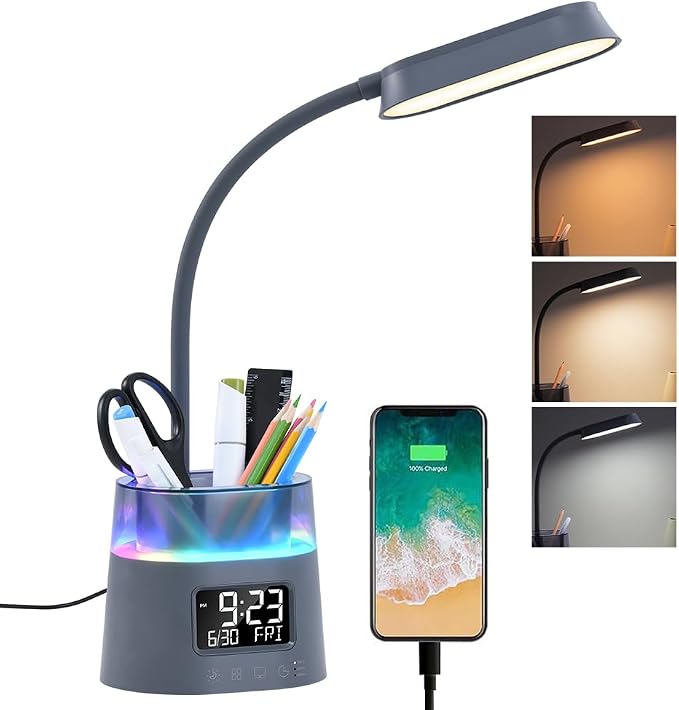 WILIT LED Desk Lamp for College Dorm Room Essentials, 3 Modes,Touch, Gray | Study Lamp with USB Charging Port, Pen Holder, Clock & RGB Night Light, Office Desk Accessories, Table Lamp for Bedroom by WILIT
