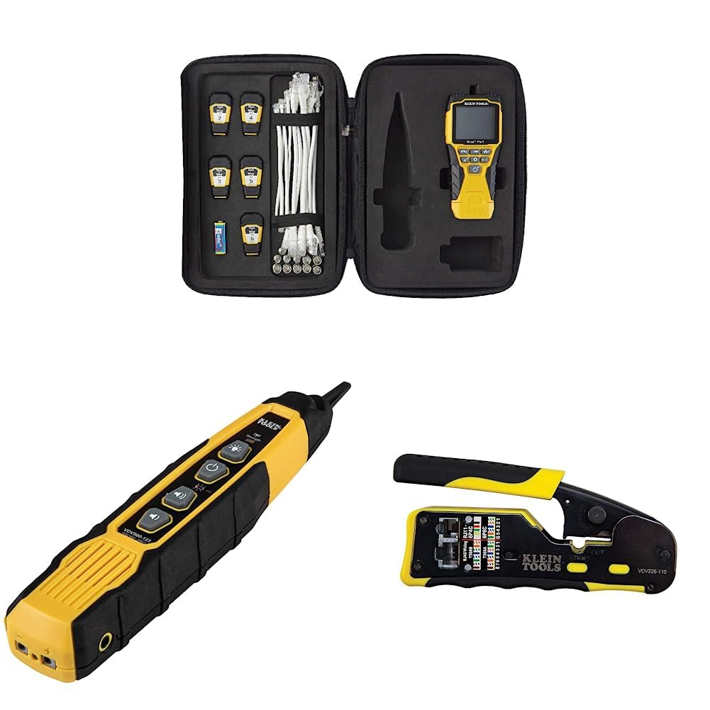 Klein Tools VDV501-853 Coaxial Cable Tester & Cable Tracer Probe-Pro Tracing Probe with Replaceable Non-Metallic & Ratcheting Modular Data Cable Crimper/Wire Stripper by Klein Tools