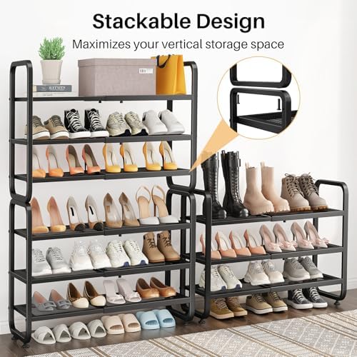 Expandable Metal Shoe Rack for Closet, Entryway & Garage, 3-Tier, Black | Adjustable Height for Boots, Stackable Design, Dense Mesh Shelves for Heels, Fits Small Spaces, Apartments and Rentals - Image 6
