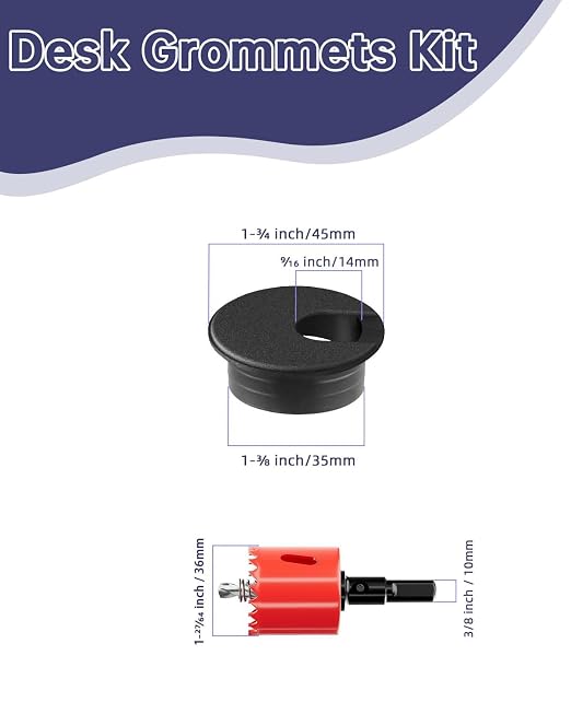Desk Grommet & Cable Grommet 1-3/8 Inch (10 Pack) - Black Cord Hole Cover with Hole Cutter - Cable Management Kit for Office Desk, TV Stand, Workstation - Hide Wires Behind Wall, Cable Pass Through - Image 6