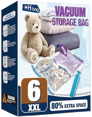 XXL Jumbo Vacuum Seal Storage Bags Extra Large for Clothing Bedding | 47''X35'', Airtight Triple Seal, Save 80% Space, Hand Pump, Work with Vacuum, Double Zip, Reusable, Easy to Use, 6 pack by HIBAG