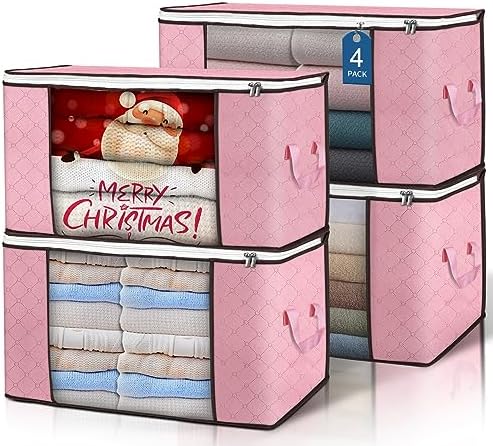 90L Large Storage Bags, 4 Pack Clothes Storage Bins Closet Organizers | Foldable Storage Containers, with Reinforced Handle, for Clothing, Blanket, Comforters, Bed Sheets, Pillows and Toys by BuddingJoy-BuildaJoyfulLifeforYou