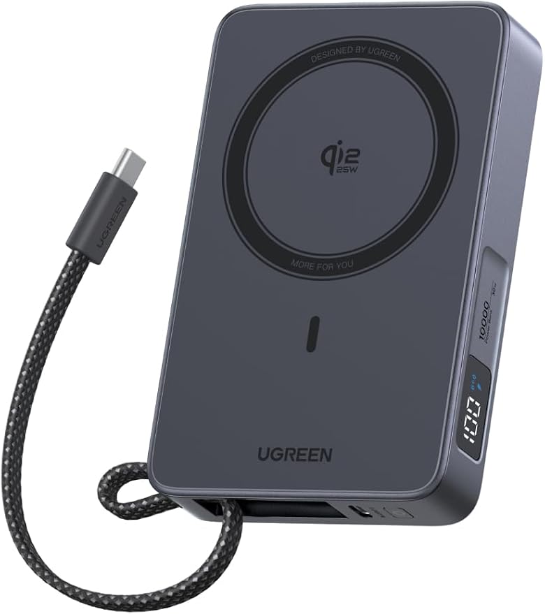 UGREEN MagFlow 10000mAh Qi2 25W Wireless Power Bank Built-in Cable | Qi2 25W wireless, built-in cable, 30W PD wired. MagSafe compatible. Grey. for iPhone 17/12 by Unknown