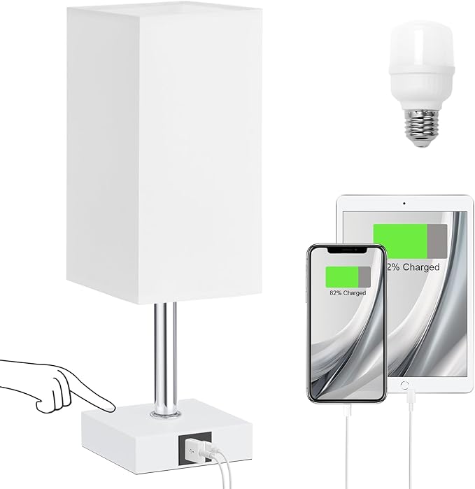 Touch Table Lamp for Bedroom - Dimmable, USB C+A, White Lamphade White Base | 3-Way Dimmable, 3000K LED Bulb Included, Square Lampshade, Cute Room Decor for Teen Girls, Kids, Small Lamp for Dorm, Nursery by Ambimall
