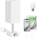 Touch Table Lamp for Bedroom - Dimmable, USB C+A, White Lamphade White Base | 3-Way Dimmable, 3000K LED Bulb Included, Square Lampshade, Cute Room Decor for Teen Girls, Kids, Small Lamp for Dorm, Nursery by Ambimall