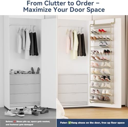 Whitmor 36 Pair Over the Door Shoe Rack,12 Tier Hanging Shoe Organizer with Metal Frame & Mesh Shelves, Heavy Duty Shoe Storage Holder for Door, No Drill Installation, 74" H x 21.7" W x 7.5" D, Oat - Image 6