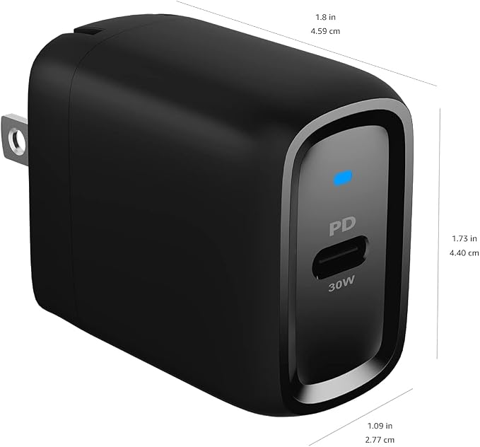 Amazon Basics 30W One-Port Foldable GaN USB-C Wall Charger with Power Delivery PD for Tablets & Phones (iPhone 16/15/14/13/12/11/X, iPad, Samsung, and More), Compact Travel Charger, Non-PPS, Black - Image 6