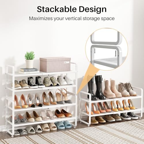 Expandable Metal Shoe Rack for Closet, Entryway & Garage, 2-Tier, White | Adjustable Height for Boots, Stackable Design, Dense Mesh Shelves for Heels, Fits Small Spaces, Apartments and Rentals - Image 6