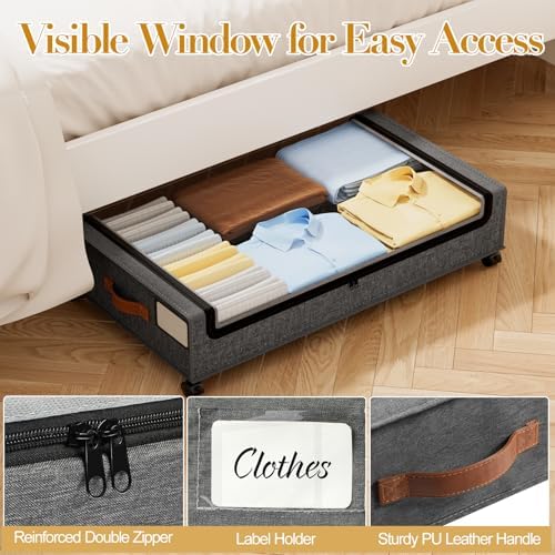 Yecaye 60L Under Bed Storage with Wheels, 2 Pack, Hemp Grey | 360° Rolling Wheels, Clear Lids & Label, Reinforced Handle, Rolling Metal Drawers for Clothes, Blankets, Shoes in Bedroom - Image 5