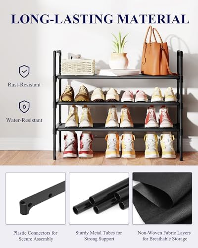 Kitsure Shoe Rack for Closet, Shoe Organizer, 27.6" Wide - 3 Tier, Black | Shoe Storage for Closet, Entryway, Space-Saving Shoe Shelf with Side Handle, Closet Organizer - Image 6