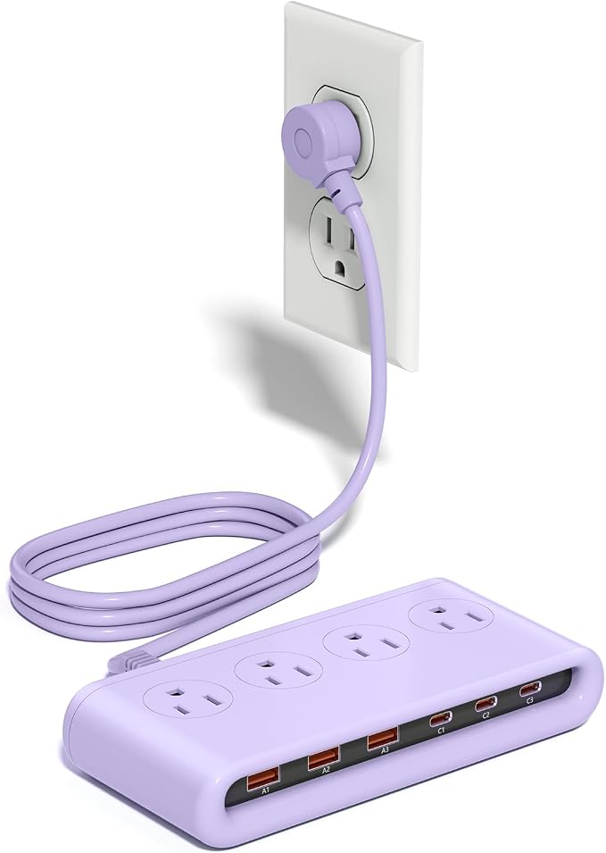 Power Strip with USB Port - 4AC & 6 USB(3USB C), Outlet Extender 5FT | Flat Plug Extension Cord with Multiple Outlets, PD20W Bedside Charging Station for Multiple Devices - Travel Home Office by VPSUN