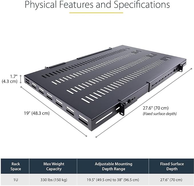 StarTech 1U 4-Post Adjustable Vented Rack Shelf, 330lb, 19in (ADJSHELFHDV) - Image 2