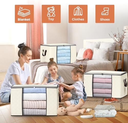 90L Large Storage Bags, 4 Pack Clothes Storage Bins Closet Organizers | Foldable Storage Containers, with Reinforced Handle, for Clothing, Blanket, Comforters, Bed Sheets, Pillows and Toys - Image 5