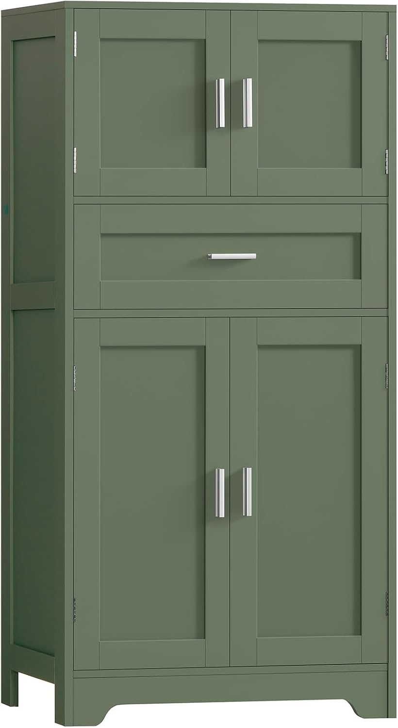 Bathroom Floor Storage Cabinet with Adjustable Shelf, Freestanding Storage Cabinet with 4 Doors, Cupboard for Living Room, Home Office, Entryway, Forest Green by TEENFON