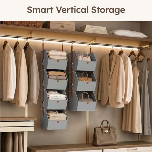 Homsorout Hanging Closet Organizer 4 Tier - Clothes Hanging Shelves, Space-Saving Closet System, Fabric Storage Bins Bedroom Organization, Collapsible Baskets for Home, Dorm, Rv, Grey - Image 2