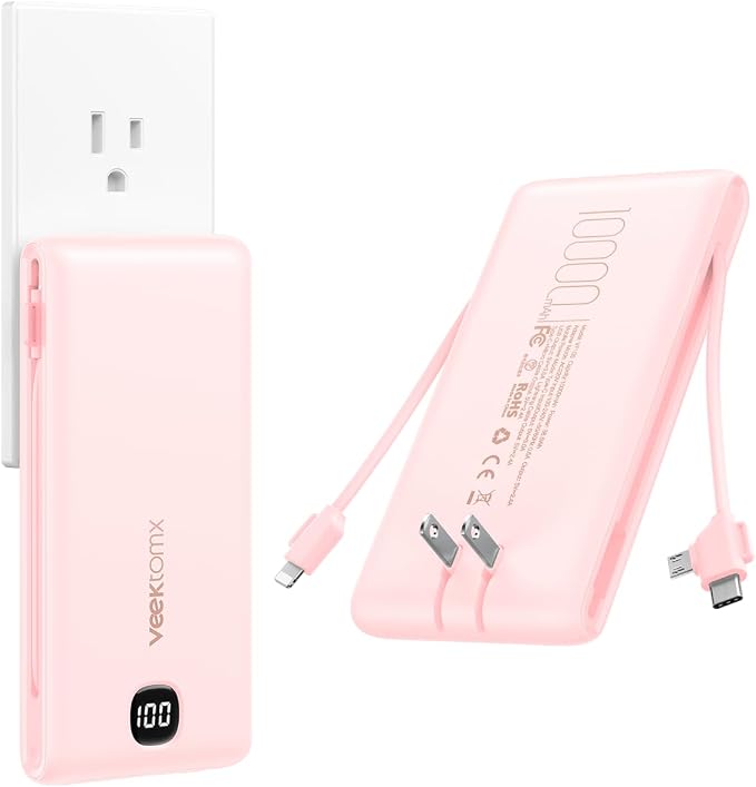 VEEKTOMX 10000mAh Portable Charger with Built-in Cables & Wall Plug | Fast Charging Slim USB-C Power Bank for iPhone, Samsung, iPad | 5 Outputs, Charges 4 Devices, ETL Certified, Pink by VEEKTOMX