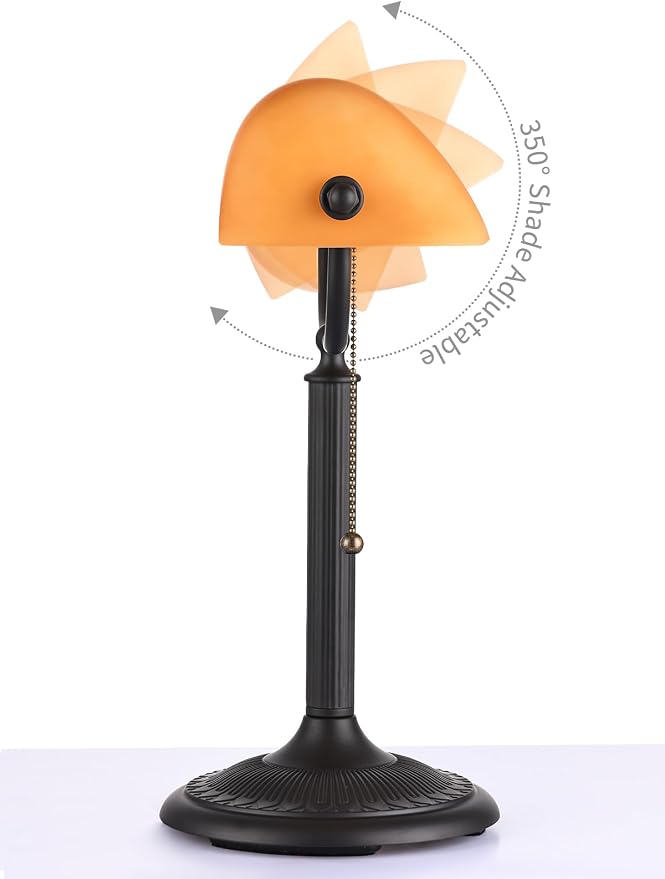 1-Minute Quick-Change Shade Matted Amber Glass Bankers Desk Lamp | Antique Plug in Fixture for Study Office Library,LED Bulb Included - Image 8