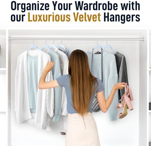 Sishynio Velvet Hangers 50 Pack, Non-Slip Slim Felt Clothes Hangers Blue | Space-Saving Closet Organization; Flocked Surface; 360° Swivel Hooks; For Shirts, Coats, Dresses, Blouses - Image 7