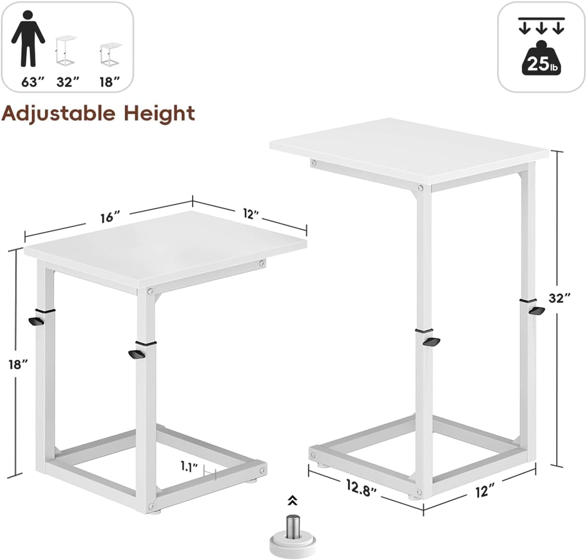 C Shaped End Table, 33"C Table End Table Adjustable Height, Small Side Table for Couch, Tv Tray Table for Small Spaces, Couch Table That Slide Under, Sofa Table for Living Room,Bedroom, White - Image 3