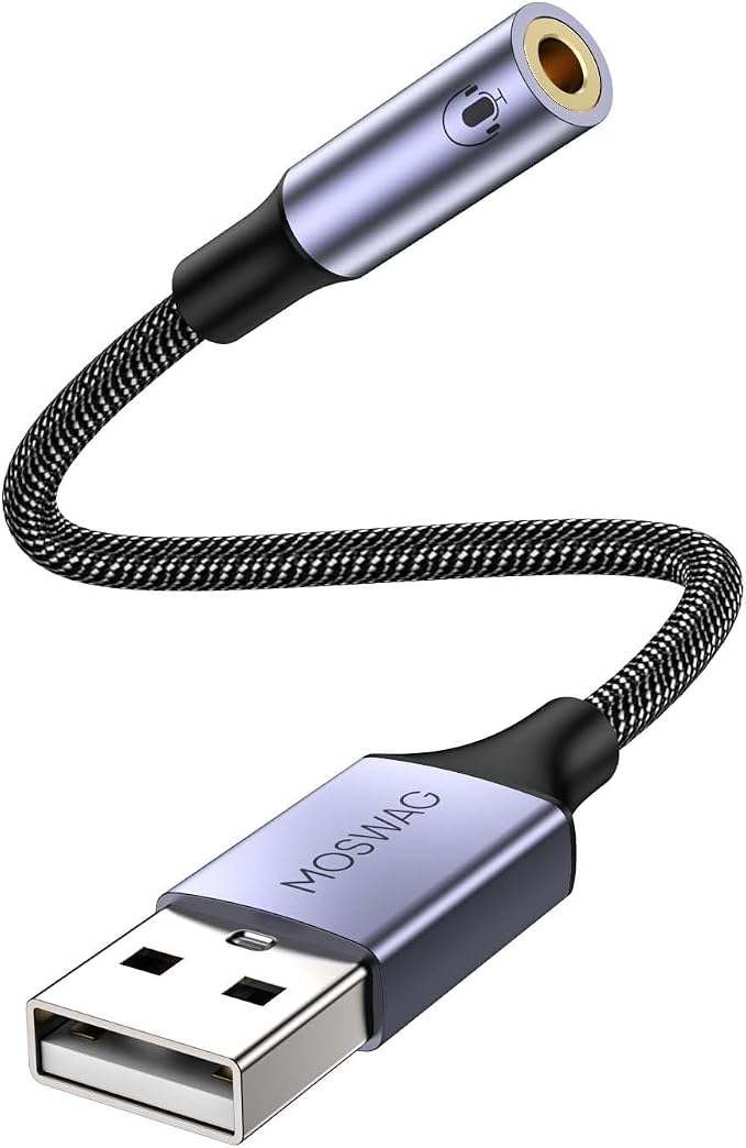 MOSWAG USB to 3.5mm Jack Audio Adapter External Stereo Sound Card | Mic TRRS, no driver required, Nylon Braided, USB to Aux Compatible with Windows PC Laptop Mac Linux Speaker PS4, 7.84 Inch by MOSWAG