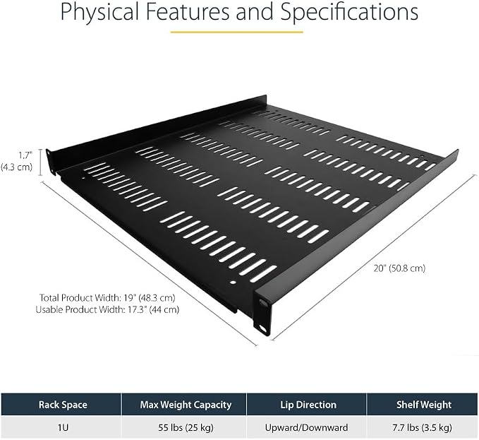 StarTech 1U Vented Rack Shelf, 19in, 55lb, 20in Deep (SHELF-1U-20-FIXED-V) - Image 3
