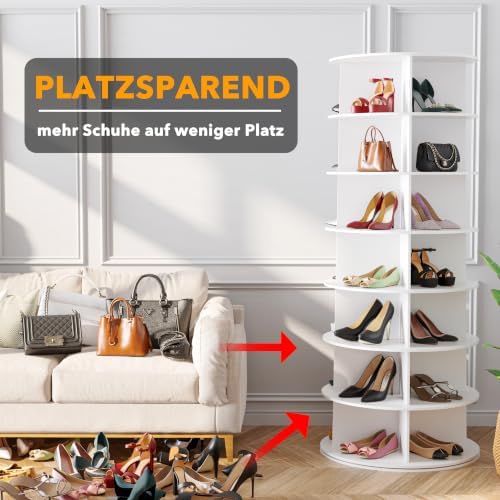 SpaceAid 7 Tier Rotating Shoe Rack Tower, Spinning Shoe Display Lazy Susan, Revolving 360 Shoe Rack Storage Round Carousel, Vertical Handbag Rotate Shoes Closet Organization (7-Tier White) - Image 4